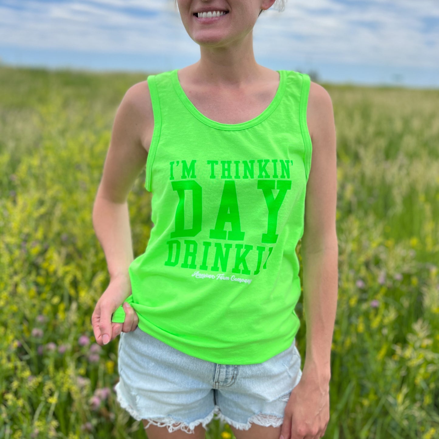 ‘I’m Thinkin’ Day Drinkin’ Neon Green Tank Top