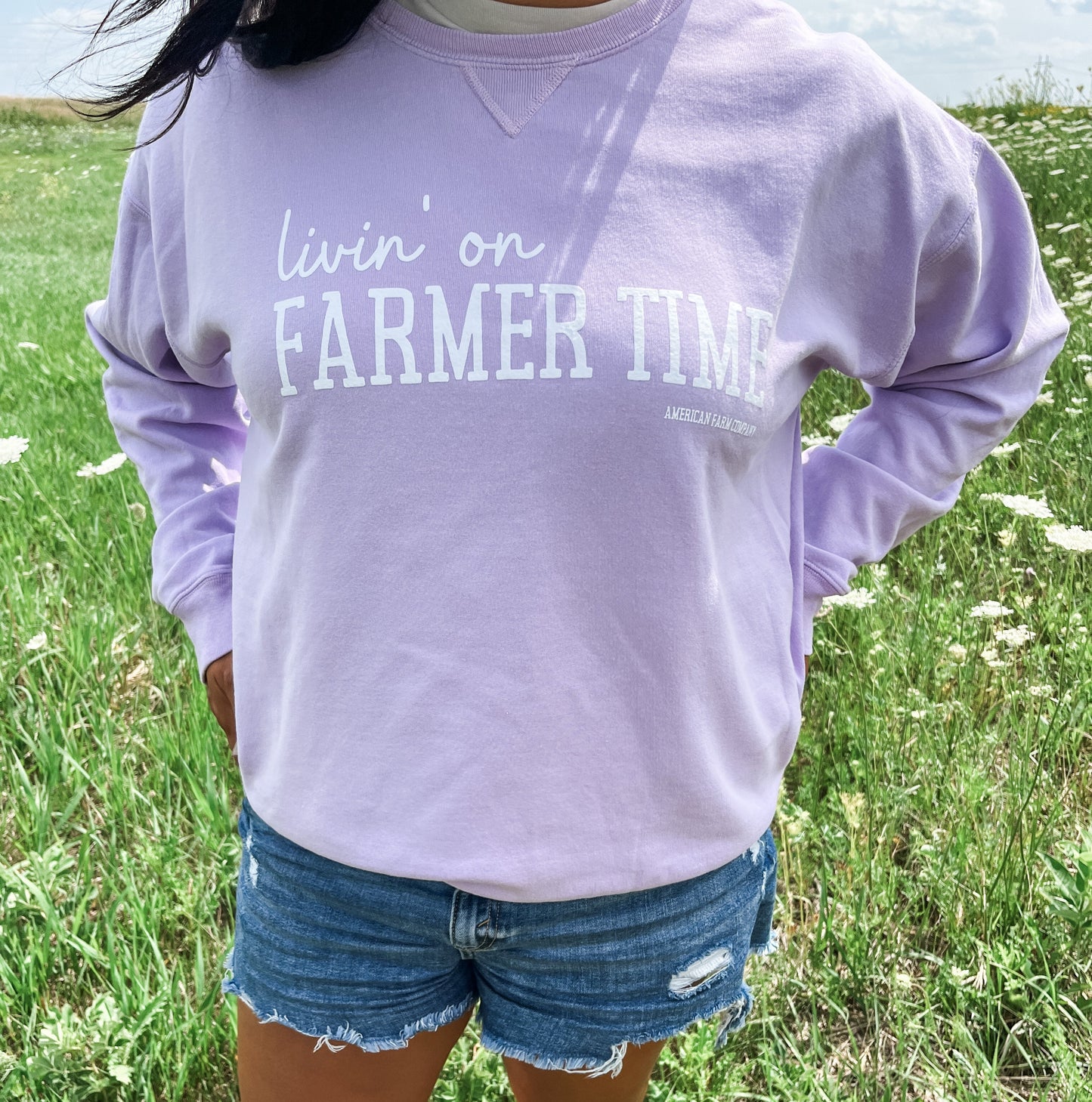 'Livin' on Farmer Time' Crewneck - Lilac