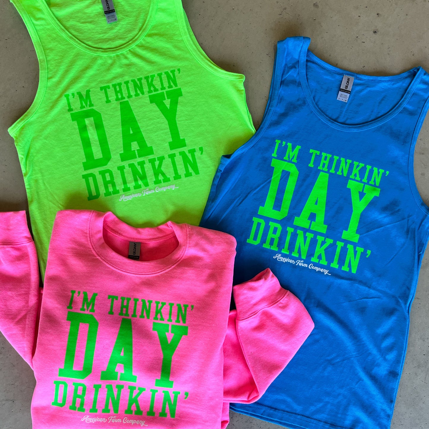 ‘I’m Thinkin’ Day Drinkin’ Neon Blue Tank Top