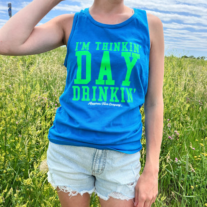 ‘I’m Thinkin’ Day Drinkin’ Neon Blue Tank Top