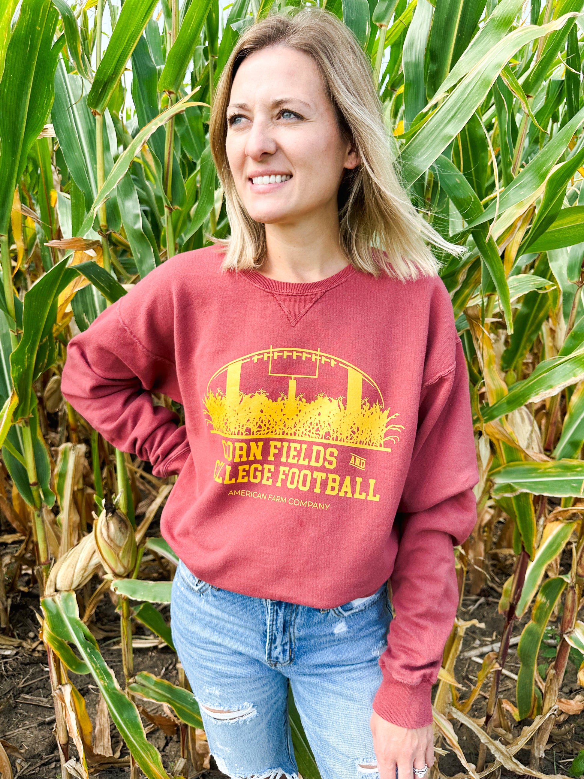 ‘Cornfields and College Football’ Washed Red Crewneck - American Farm Company