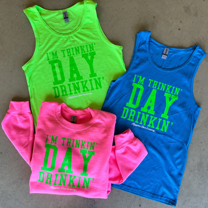 ‘I’m Thinkin’ Day Drinkin’ Neon Blue Tank Top