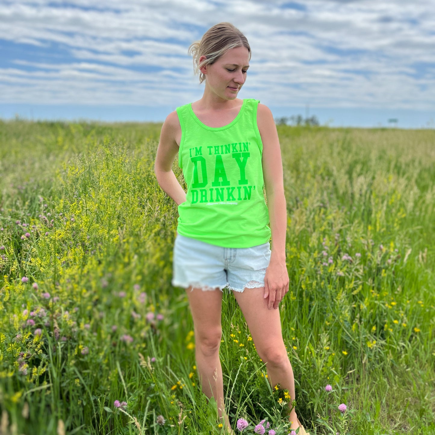 ‘I’m Thinkin’ Day Drinkin’ Neon Green Tank Top