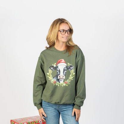 Christmas Cow Olive Graphic Crewneck