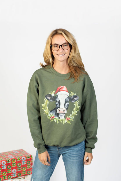 Christmas Cow Olive Graphic Crewneck