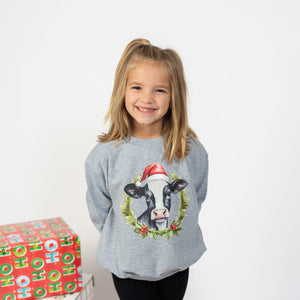 Christmas Cow Youth Grey Graphic Crewneck