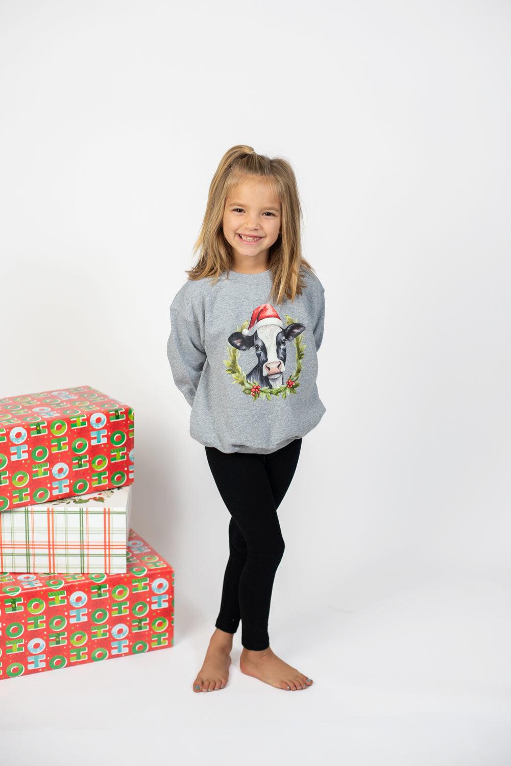 Christmas Cow Youth Grey Graphic Crewneck