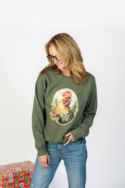 Christmas Rooster Olive Graphic Crewneck