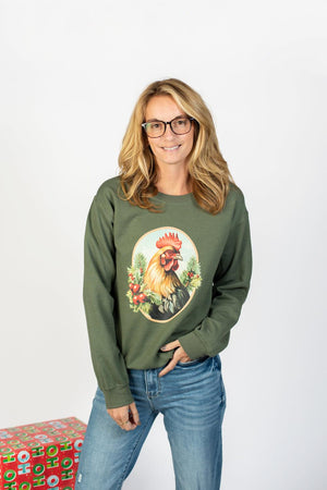 Christmas Rooster Olive Graphic Crewneck