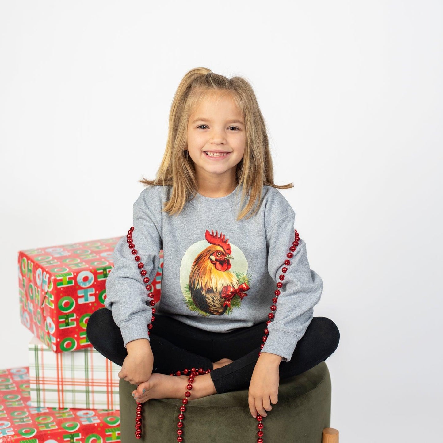 Christmas Rooster Youth Grey Graphic Crewneck