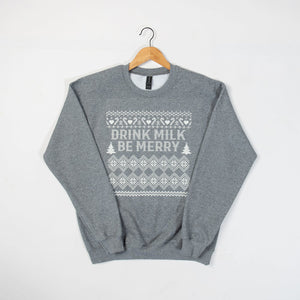 Christmas 'Be Merry Drink Milk' Grey Graphic Crewneck