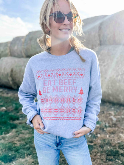 Christmas 'Eat Beef Be Merry' Grey Graphic Crewneck