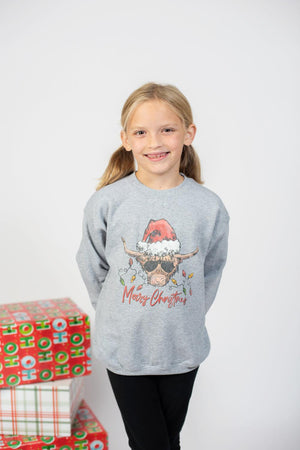 Highland Cow Retro Christmas Youth Grey Graphic Crewneck