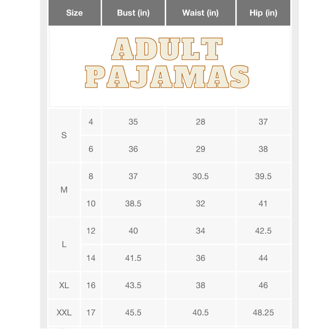 Chicken Adult Pajamas Pants size chart