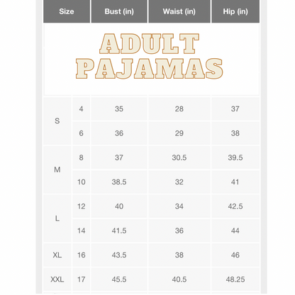 Chicken Adult Pajamas Pants size chart