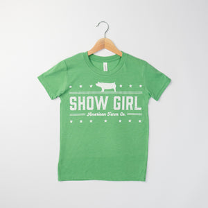 'Show Girl' Heather Green Swine Tee - Youth