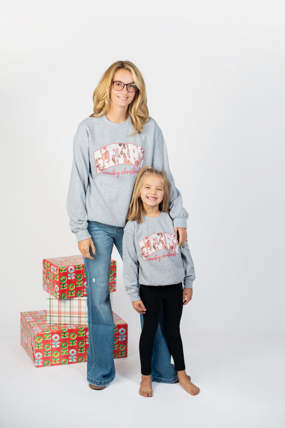 Merry Country Christmas Grey Graphic Crewneck