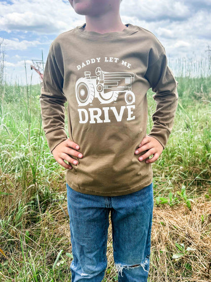 ‘Daddy Let Me Drive’ Coyote Brown Toddler/Youth Long Sleeve