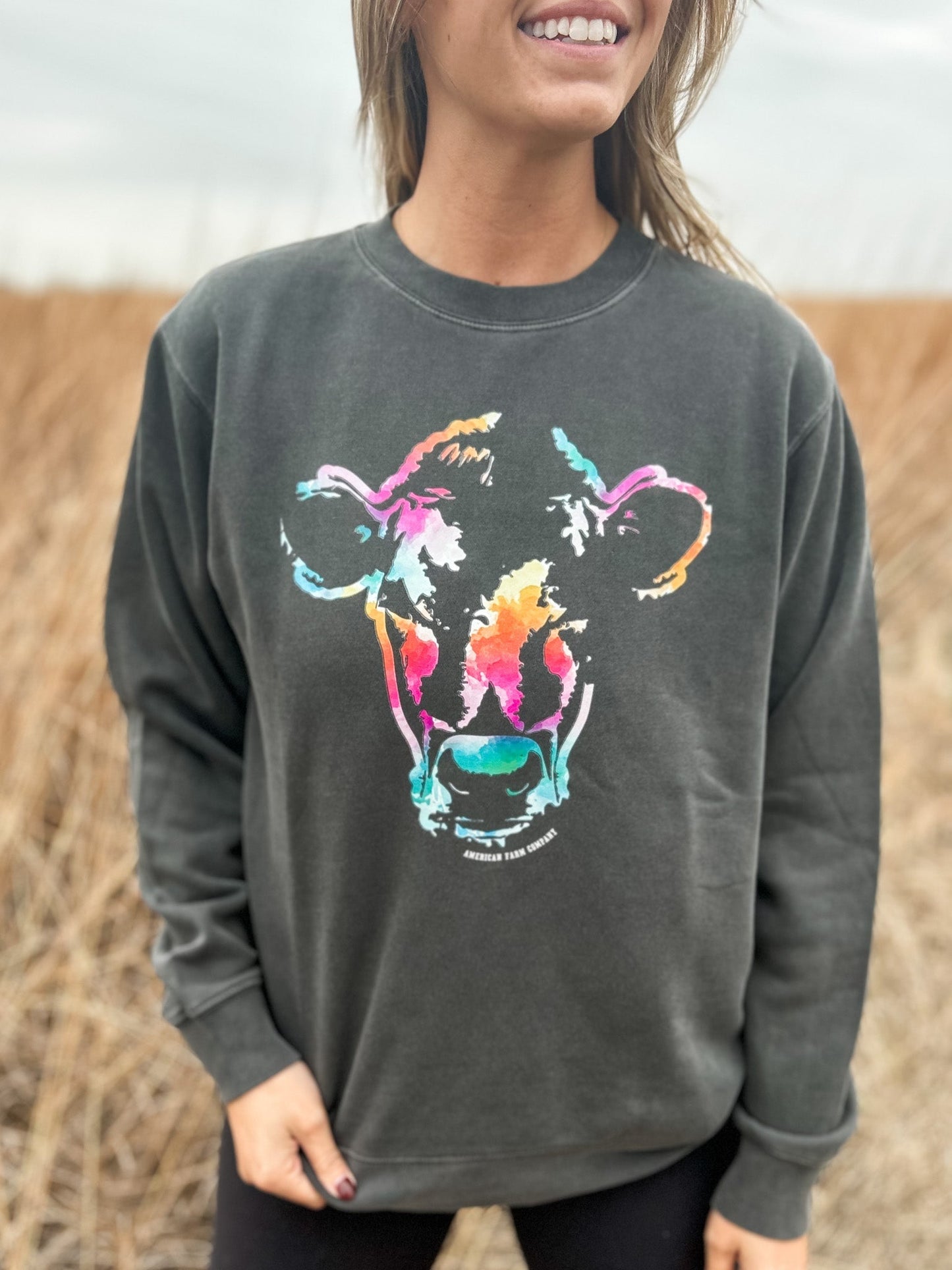 Colorful Watercolor Cow Crewneck